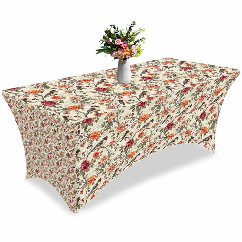 Aperturee - Aperturee Vintage Blossom Flower Robin Bird Stretch Table Cover