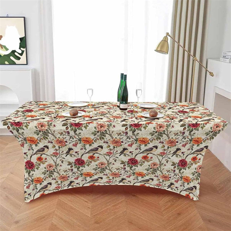 Aperturee - Aperturee Vintage Blossom Flower Robin Bird Stretch Table Cover