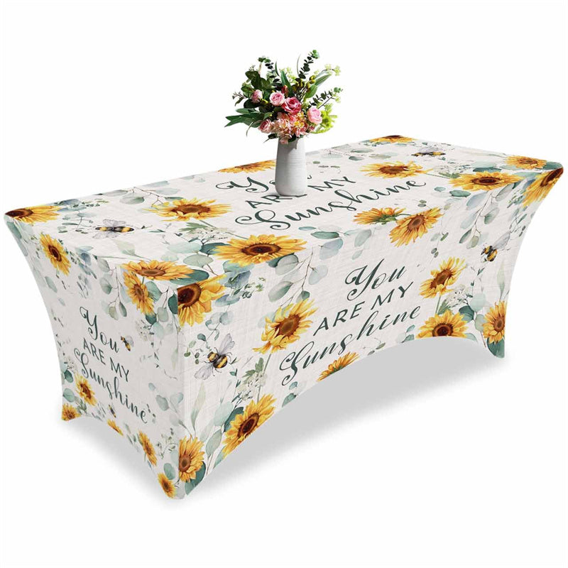 Aperturee - Aperturee Spring Watercolor Sunflower Bee Stretch Table Cover