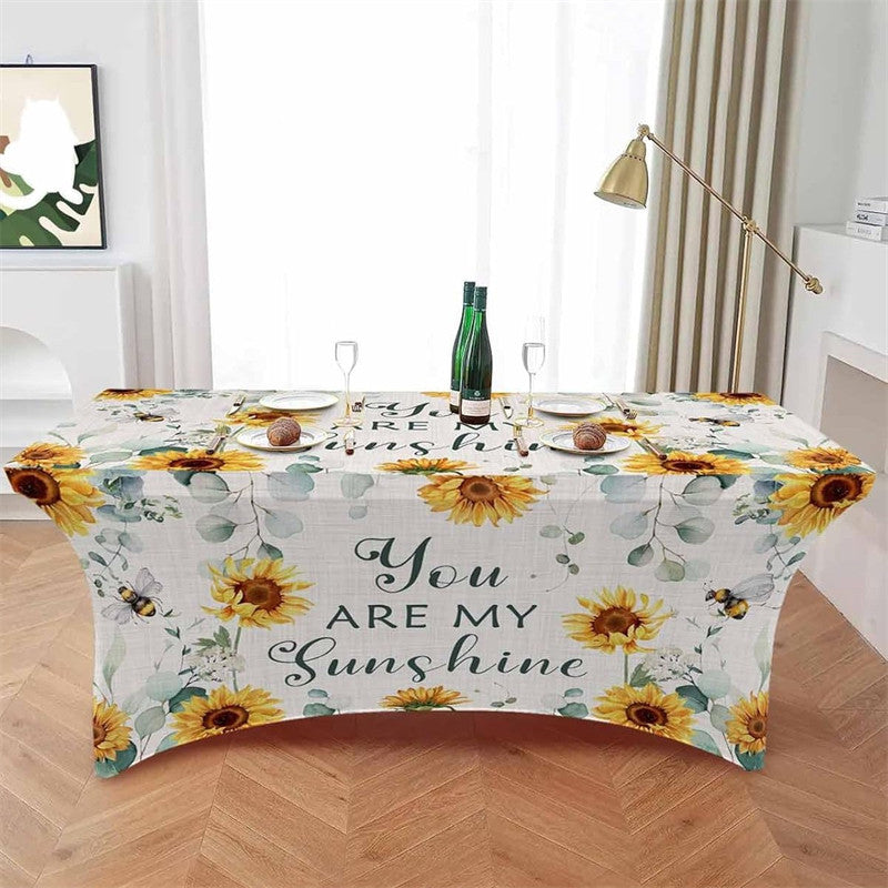 Aperturee - Aperturee Spring Watercolor Sunflower Bee Stretch Table Cover