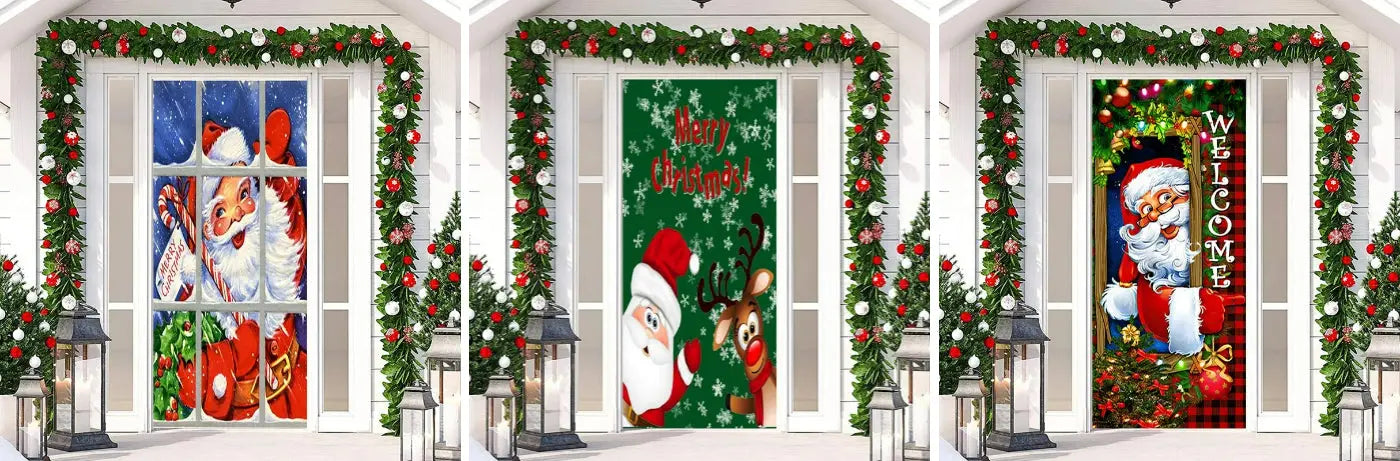 Merry Christmas Green Santa Claus Elk Door Cover - Aperturee