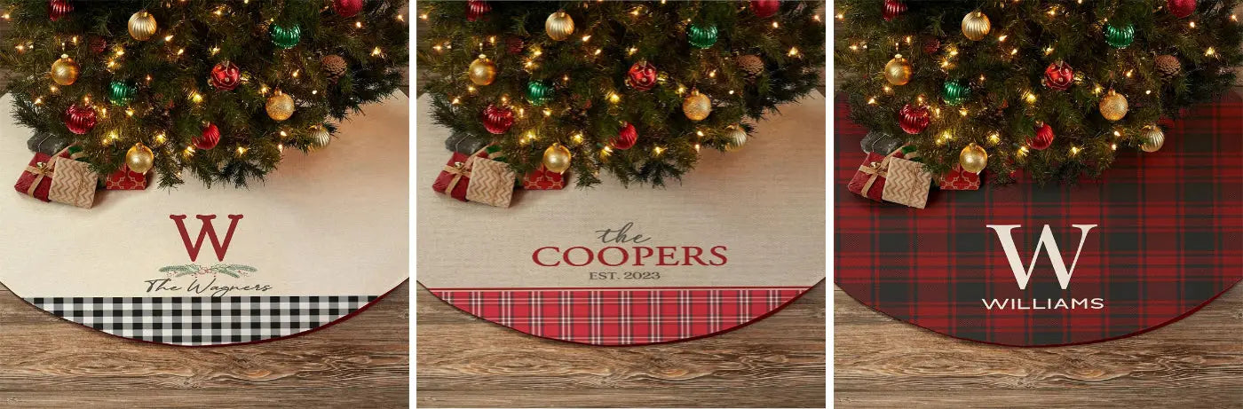 Personalized Plaid Evergreen Christmas Tree Skirt - Aperturee