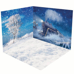 Aperturee - Aperturee Winter Snowy Field Express Train Room Set Backdrop