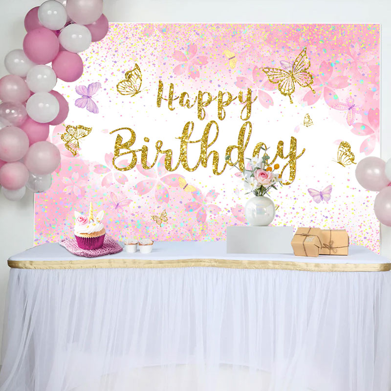 Aperturee - Pink Gold Glitter Butterfly Happy Birthday Backdrop