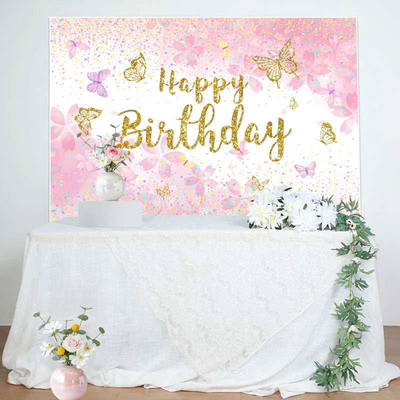 Aperturee - Pink Gold Glitter Butterfly Happy Birthday Backdrop