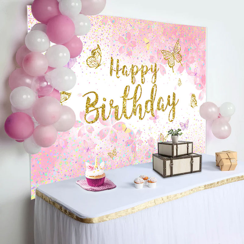 Aperturee - Pink Gold Glitter Butterfly Happy Birthday Backdrop