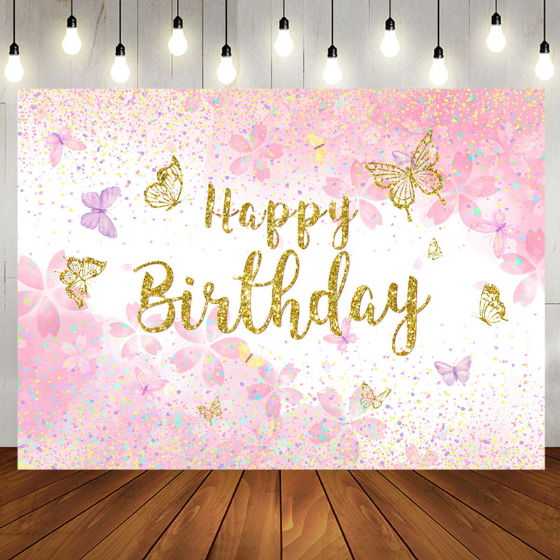 Aperturee - Pink Gold Glitter Butterfly Happy Birthday Backdrop