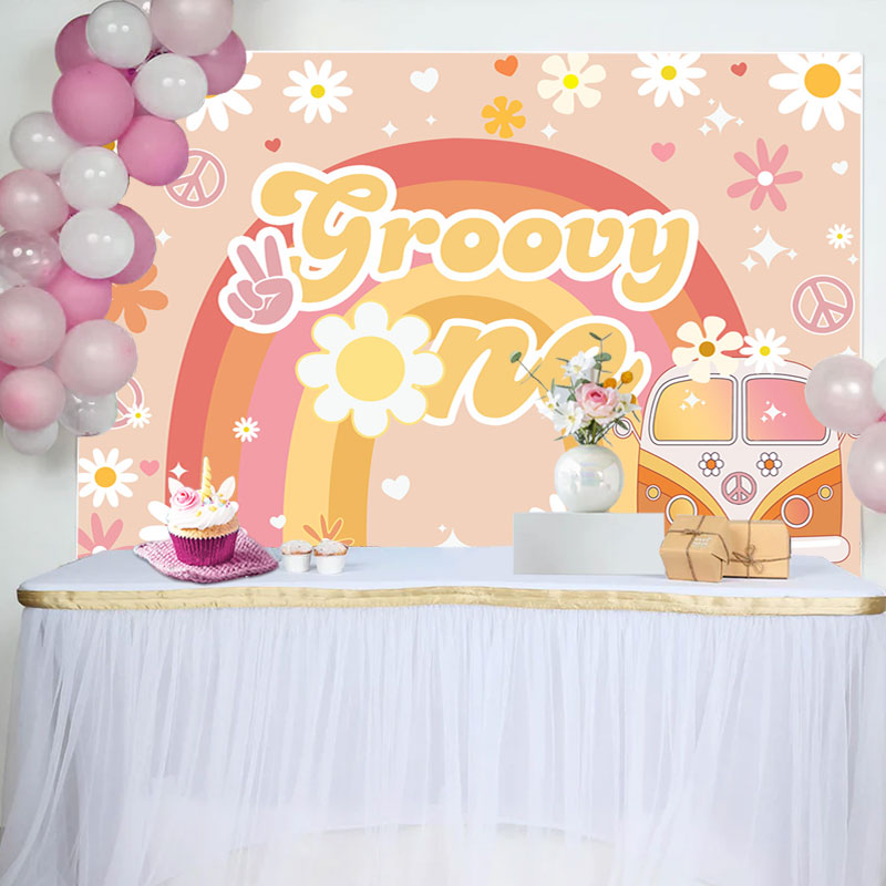 Aperturee - Floral Rainbow Boho Car Groovy One Birthday Backdrop