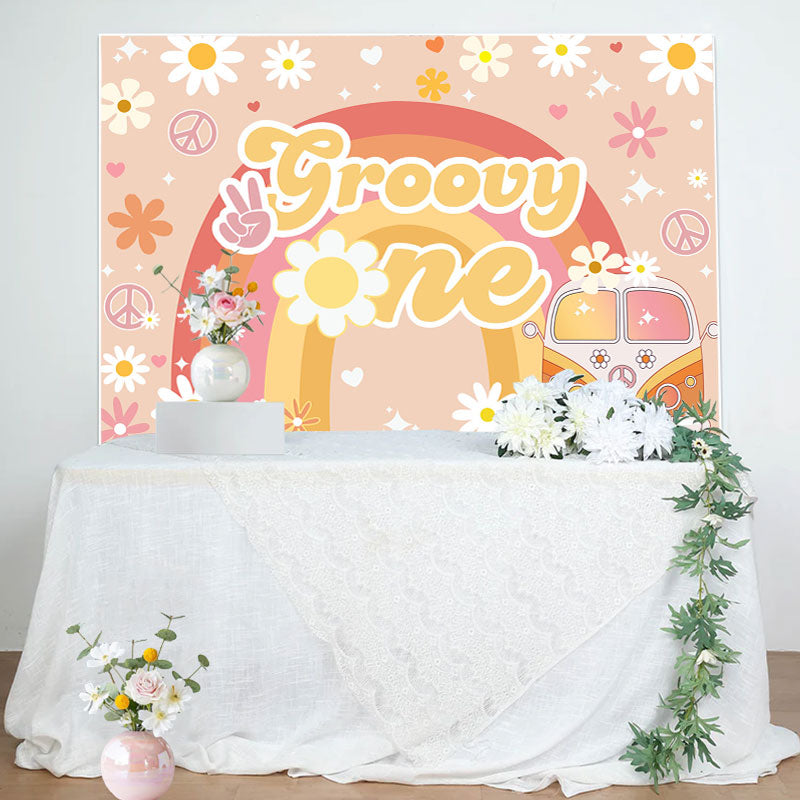 Aperturee - Floral Rainbow Boho Car Groovy One Birthday Backdrop