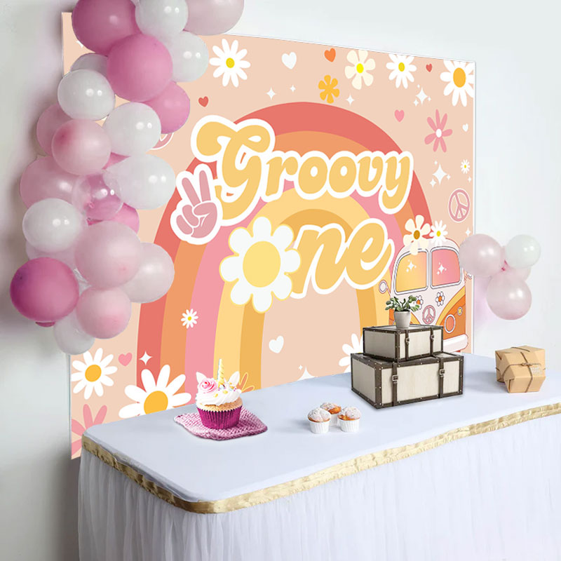 Aperturee - Floral Rainbow Boho Car Groovy One Birthday Backdrop