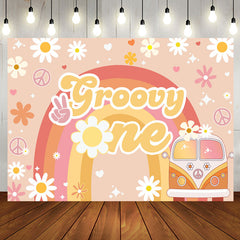 Aperturee - Floral Rainbow Boho Car Groovy One Birthday Backdrop