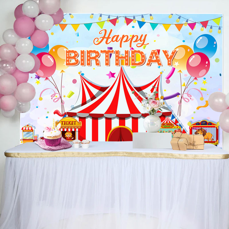 Aperturee - Colorful Balloon Circus Tent Happy Birthday Backdrop