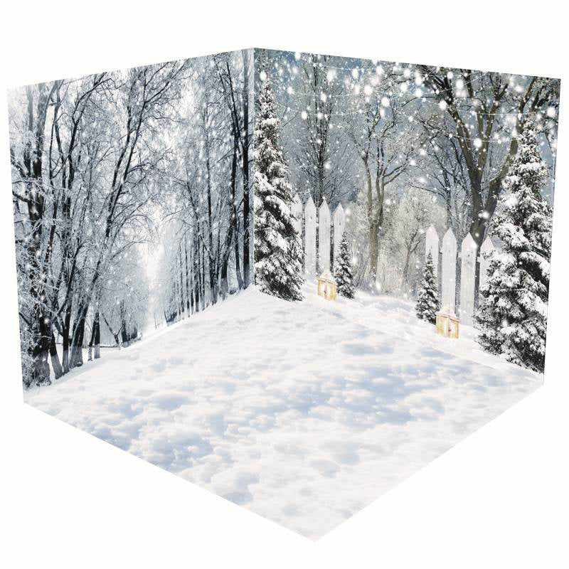 Aperturee - Aperturee White Heavy Snowy Forest Fence Room Set Backdrop