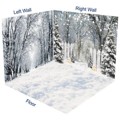 Aperturee - Aperturee White Heavy Snowy Forest Fence Room Set Backdrop