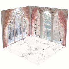 Aperturee - Aperturee Pink Curtain Window Marble Floor Room Set Backdrop