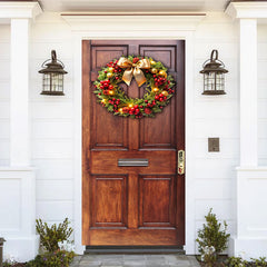 Aperturee - Aperturee Red Cherry Bowknot Wreath Wood Christmas Door Cover