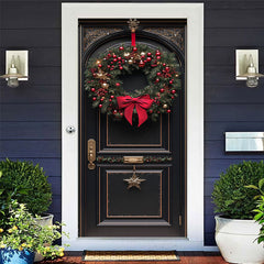 Aperturee - Aperturee Bowknot Red Cherry Wreath Black Christmas Door Cover