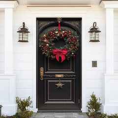 Aperturee - Aperturee Bowknot Red Cherry Wreath Black Christmas Door Cover