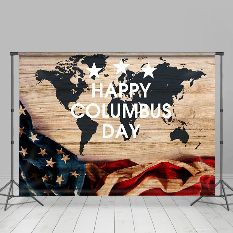 Aperturee - Retro Usa Flag Map Wood Happy Columbus Day Backdrop