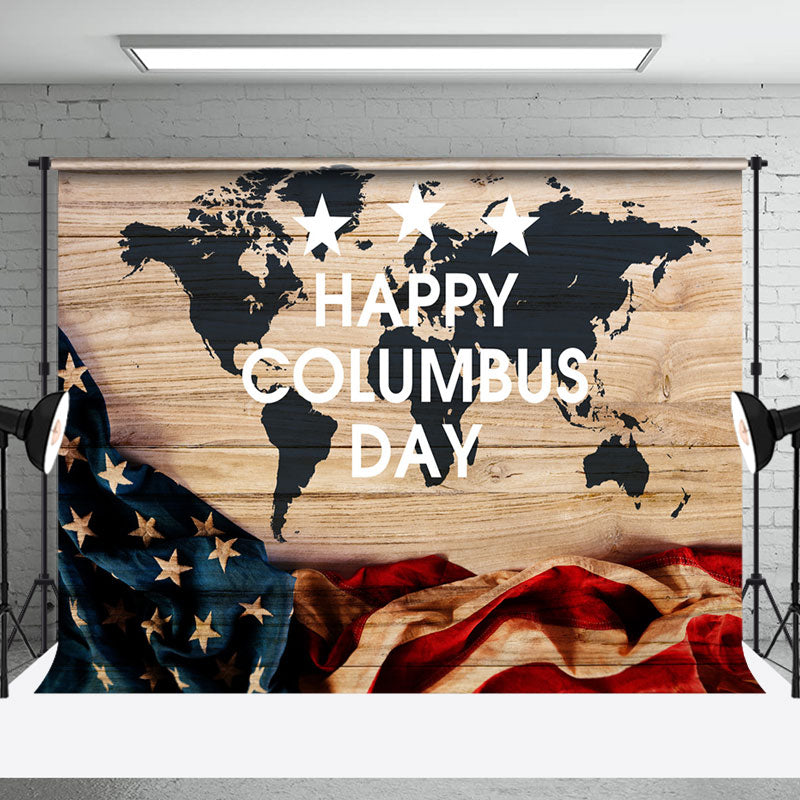 Aperturee - Retro Usa Flag Map Wood Happy Columbus Day Backdrop