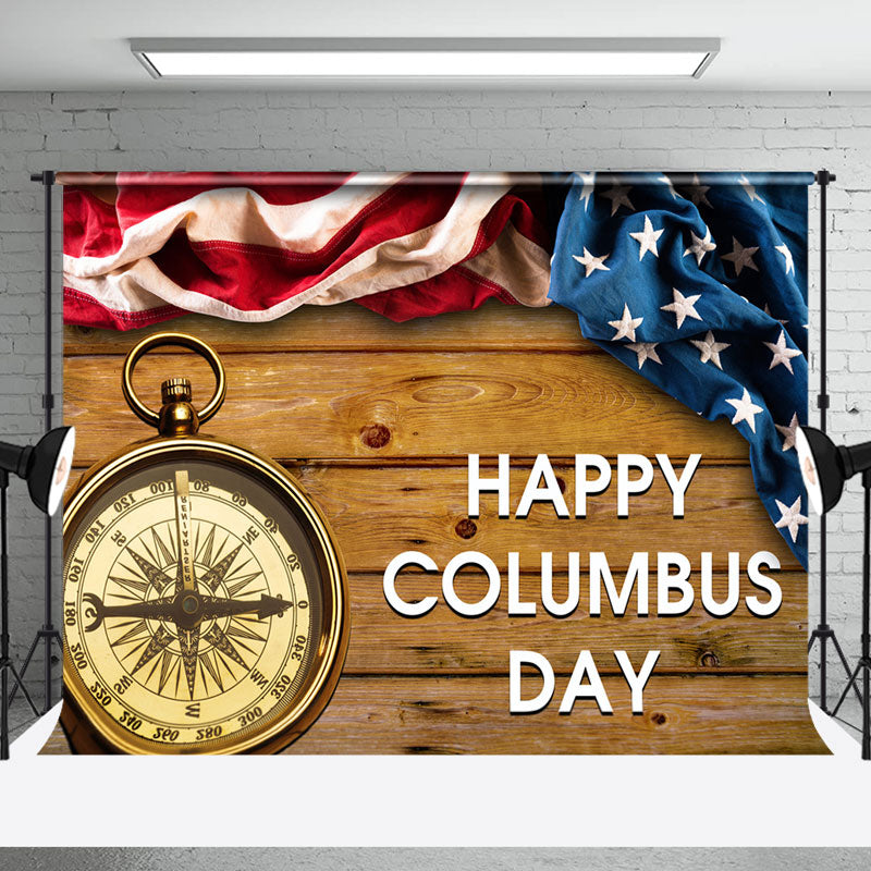 Aperturee - Retro Usa Flag Compass Wooden Columbus Day Backdrop