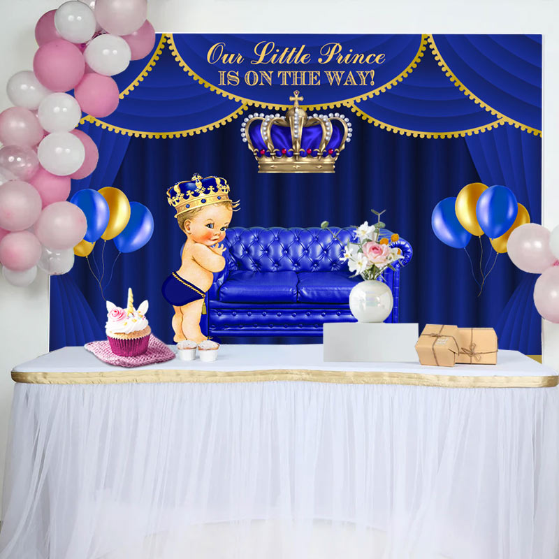 Aperturee - Royal Blue Little Prince Crown Baby Shower Backdrop