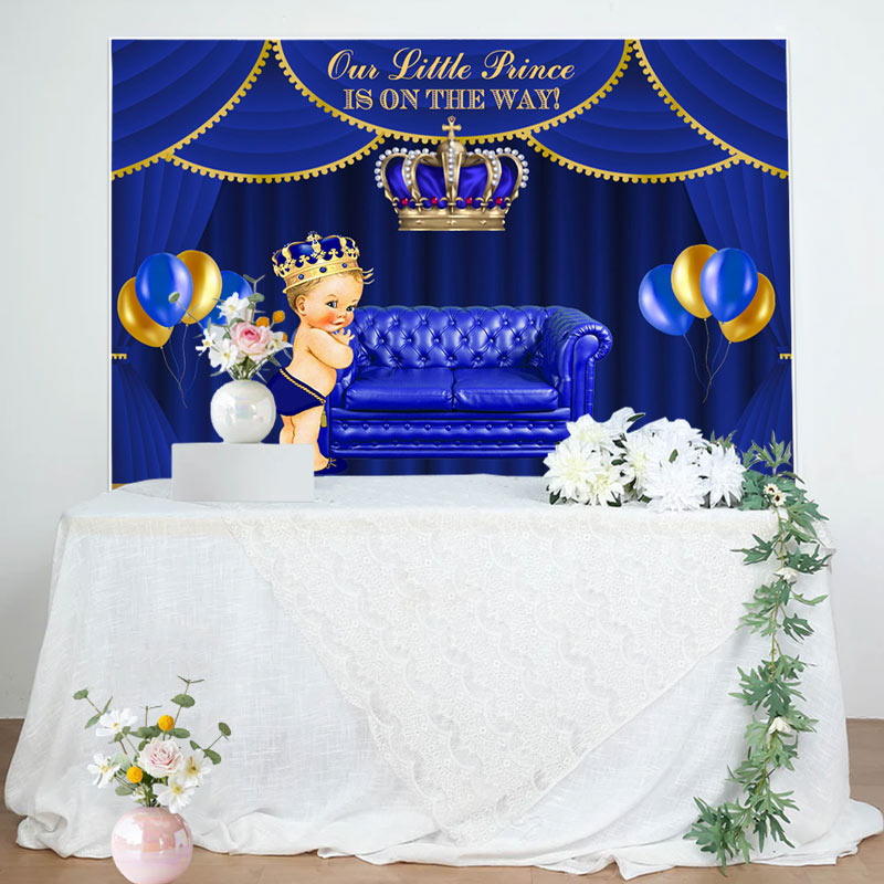 Aperturee - Royal Blue Little Prince Crown Baby Shower Backdrop