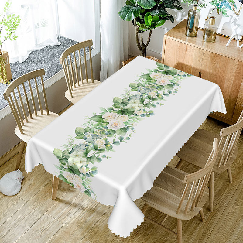 Aperturee - Aperturee Morden Green Floral White Rectangle Tablecloth