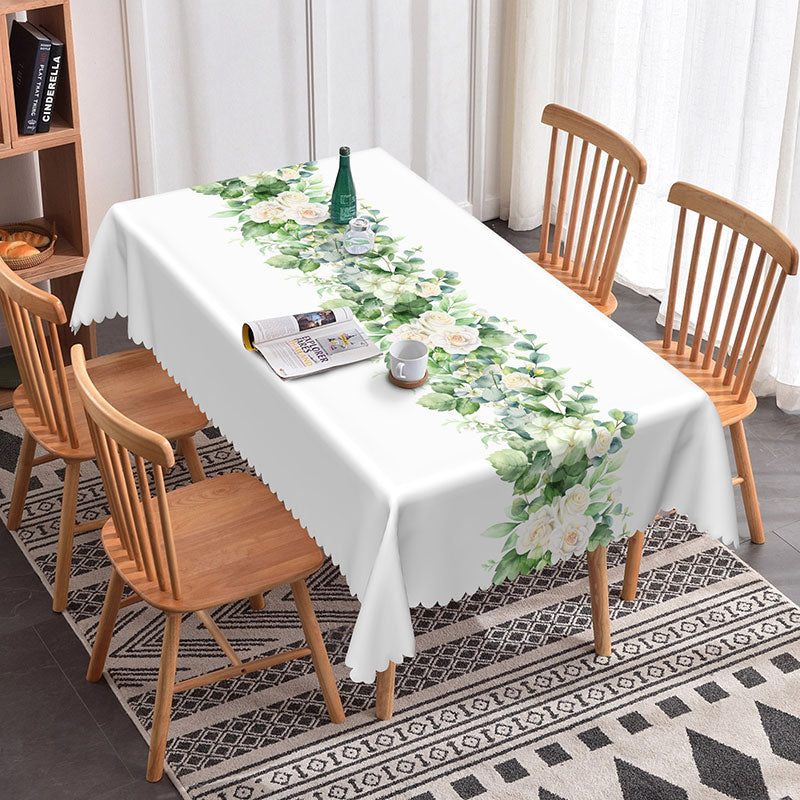 Aperturee - Aperturee Morden Green Floral White Rectangle Tablecloth