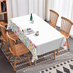 Aperturee - Aperturee Elegant White Table With Flower Edged Tablecloth