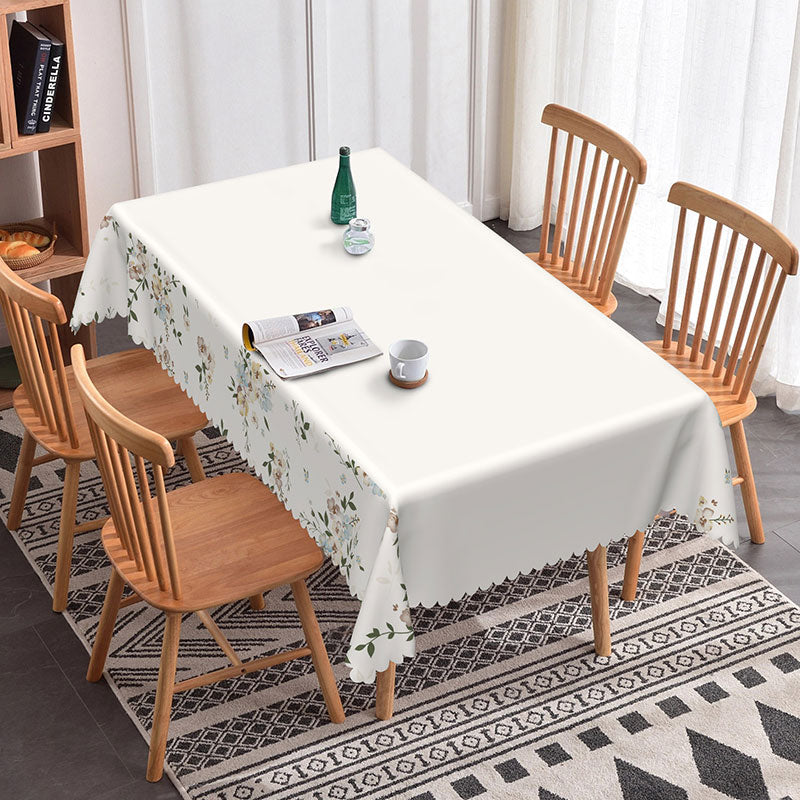 Aperturee - Aperturee Modern White Floral Edged Clean Elegant Tablecloth