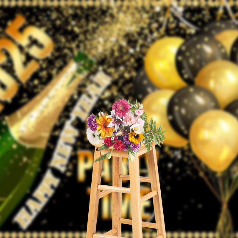 Aperturee - 2025 Party Time Champagne Balloons New Year Backdrop