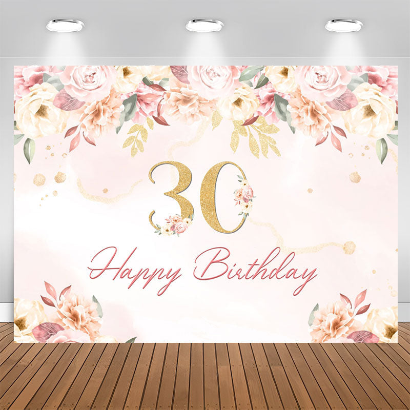 Aperturee - 30th Happy Birthday Floral Pink Backdrop for Party