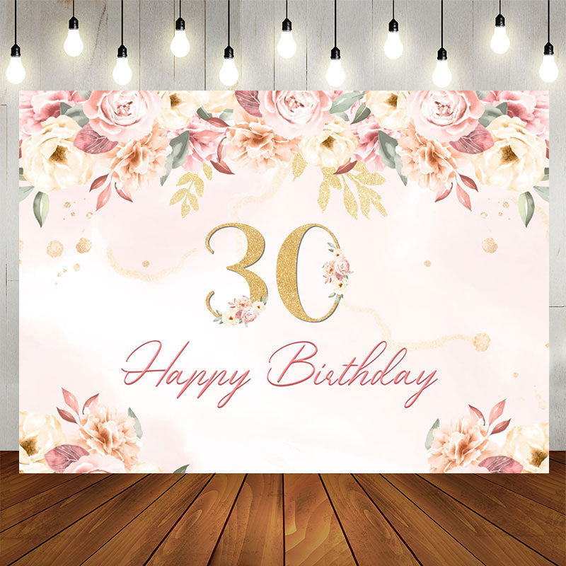 Aperturee - 30th Happy Birthday Floral Pink Backdrop for Party