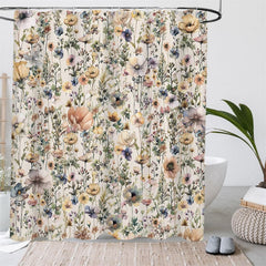 Aperturee - (7 Day Delivery) Aperturee Beige Spring Wild Flower Greenery Shower Curtain Kit
