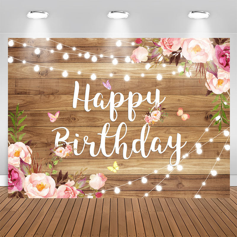 Aperturee - 7X5FT Wood Pink and Purple Flower Happy Birthday Backdrop