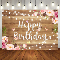 Aperturee - 7X5FT Wood Pink and Purple Flower Happy Birthday Backdrop