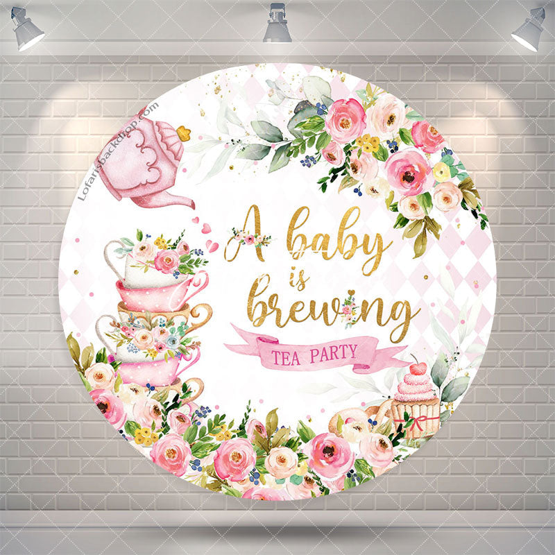 Aperturee A Baby Is Brewing Floral Round Baby Shower Backdrop