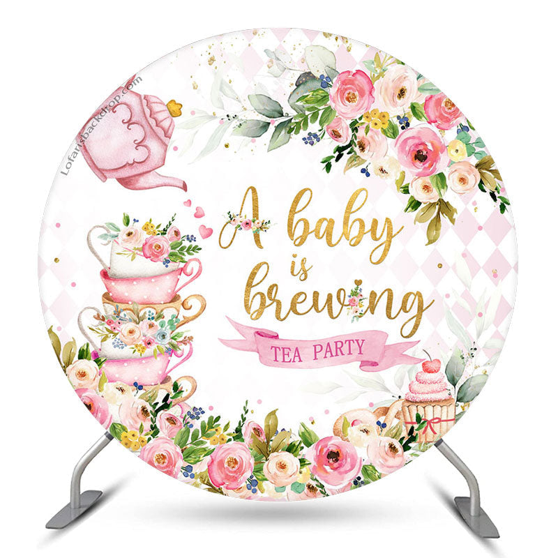 Aperturee A Baby Is Brewing Floral Round Baby Shower Backdrop