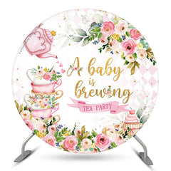 Aperturee A Baby Is Brewing Floral Round Baby Shower Backdrop