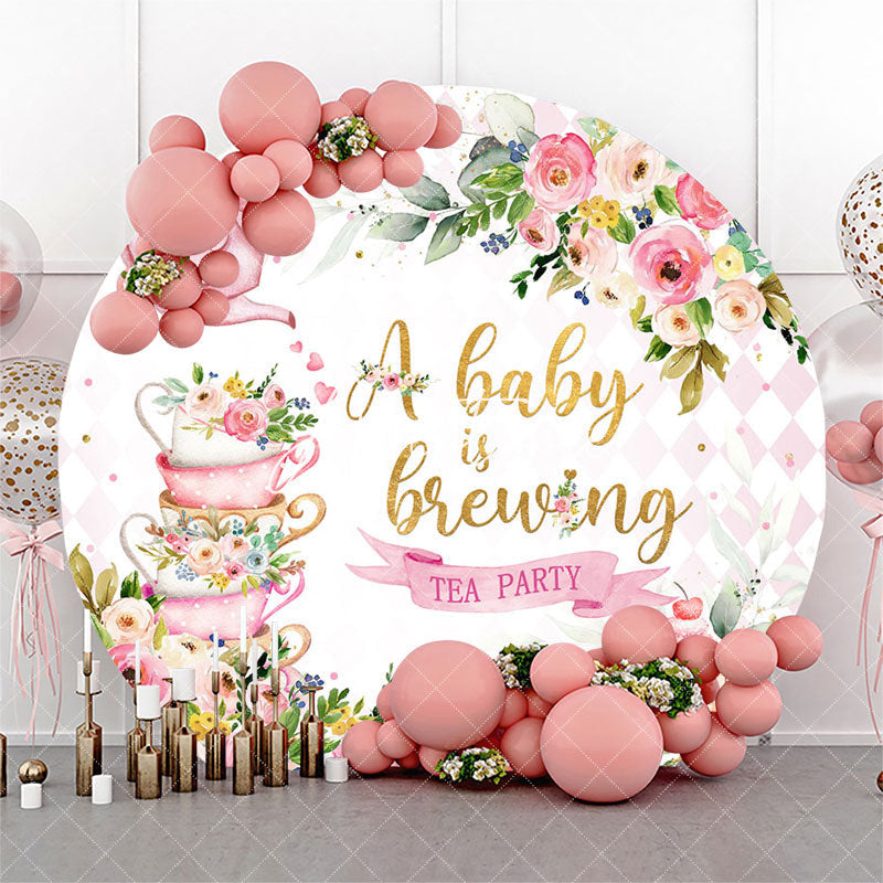 Aperturee A Baby Is Brewing Floral Round Baby Shower Backdrop