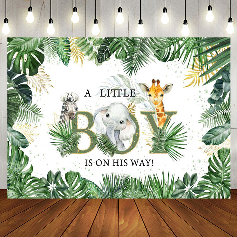 Aperturee - A Little Boy Leaves Animals Baby Shower Backdrop