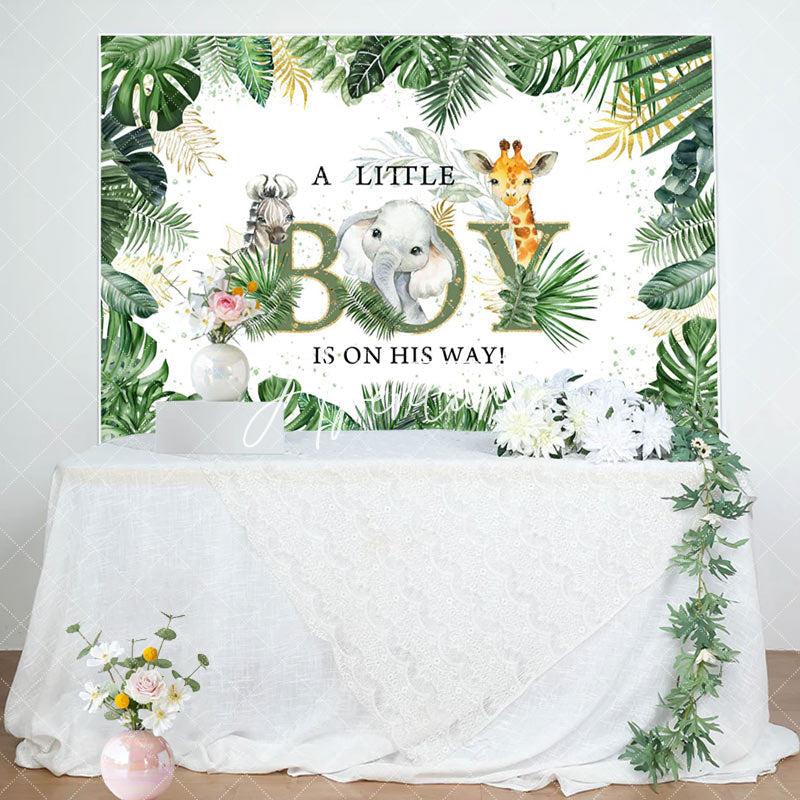 Aperturee - A Little Boy Leaves Animals Baby Shower Backdrop