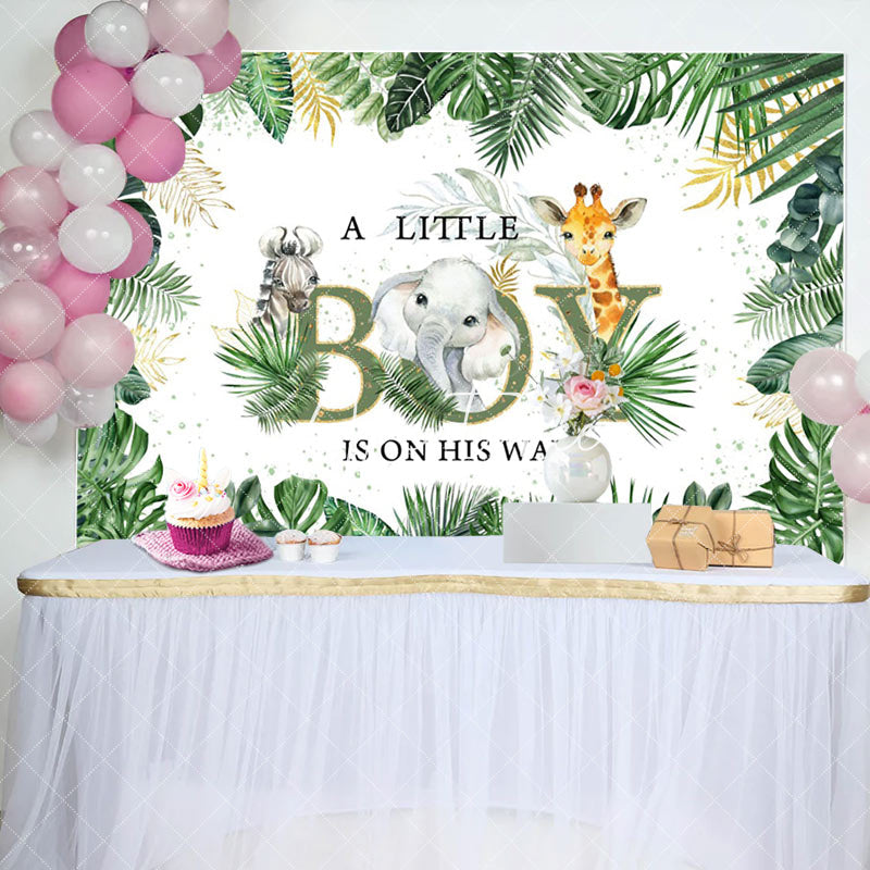 Aperturee - A Little Boy Leaves Animals Baby Shower Backdrop