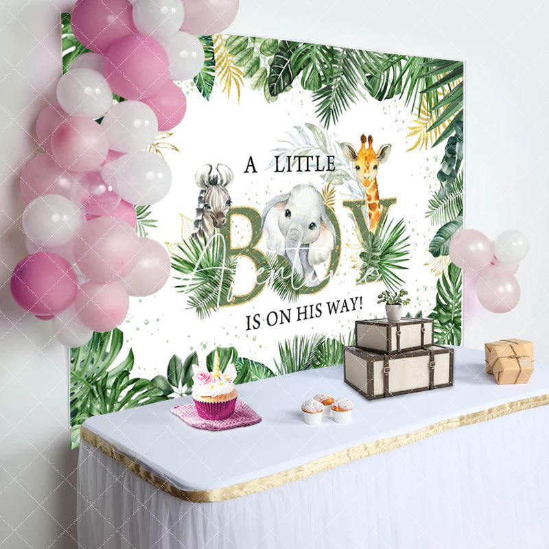 Aperturee - A Little Boy Leaves Animals Baby Shower Backdrop