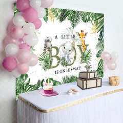 Aperturee - A Little Boy Leaves Animals Baby Shower Backdrop