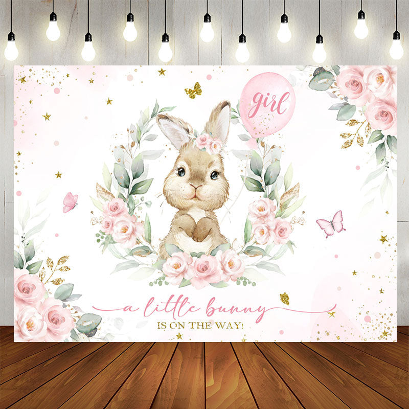 Aperturee - A Little Bunny Girl Pink Floral Baby Shower Backdrop