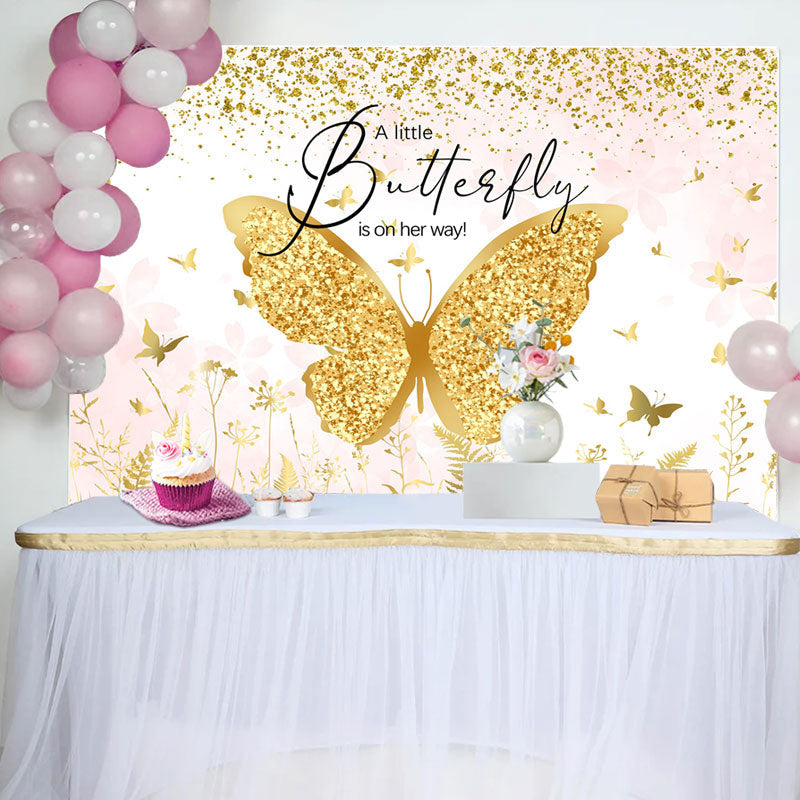 Aperturee - A Little Butterfly Gold Glitter Baby Shower Backdrop