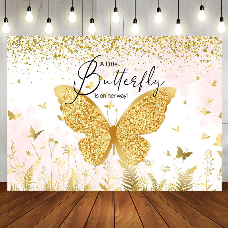 Aperturee - A Little Butterfly Gold Glitter Baby Shower Backdrop