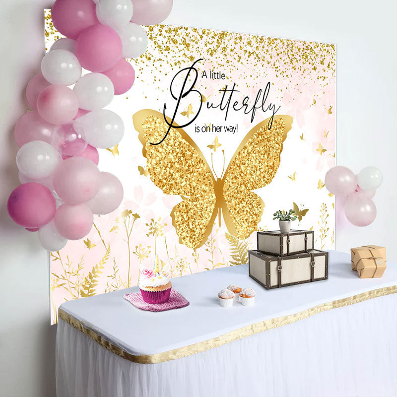 Aperturee - A Little Butterfly Gold Glitter Baby Shower Backdrop